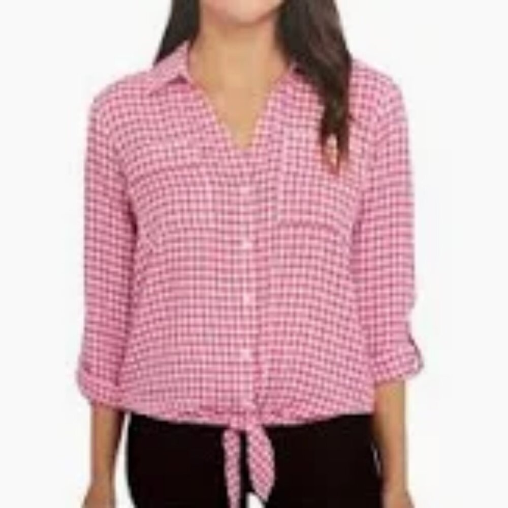 ☀️ XS Jones New York Pink and White Gingham Tie-Front Blouse